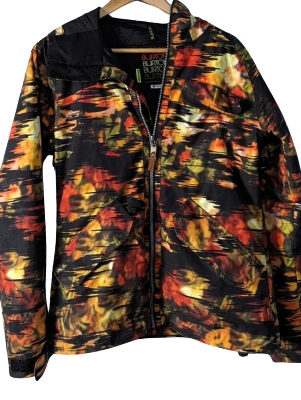 Burton Dry Ride Winter Snow Jacket, faux fur, blurred fall leaf Print. Medium
